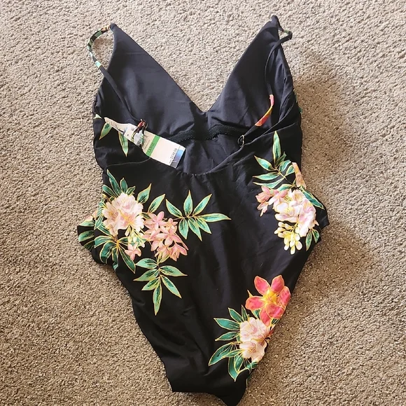 Floral Wrap One-Piece Swimsuit - Black with Tropical Print - Picture 5 of 8